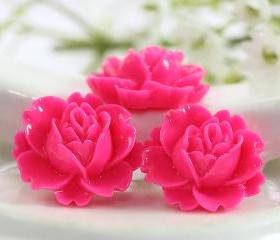 Deep Pink Rose Resin Cabochons 6pc